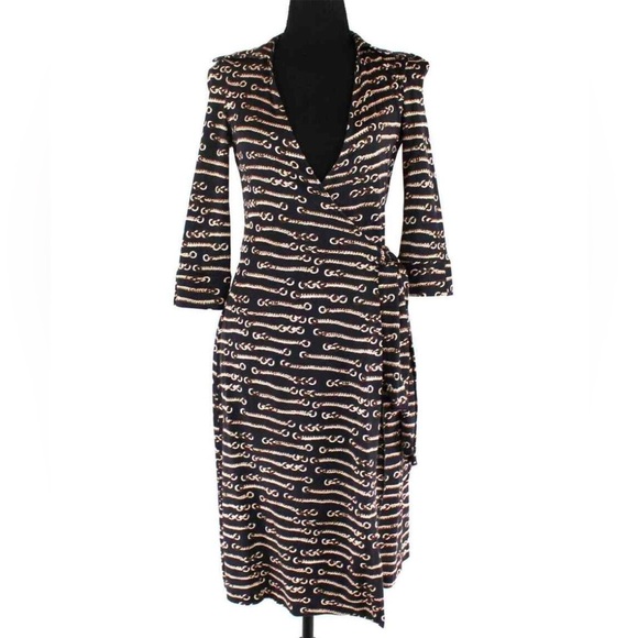 Diane von Furstenberg Black & Gold Chain Print Wrap Dress – Midi V-Neck Sz 2 - Picture 1 of 6